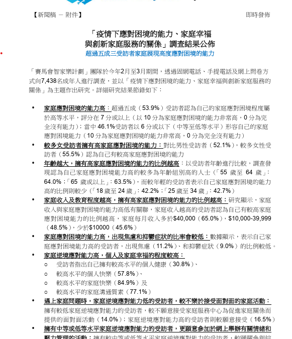 「疫情下應對困境的能力、家庭幸福與創新家庭服務的關係」調查結果撮要